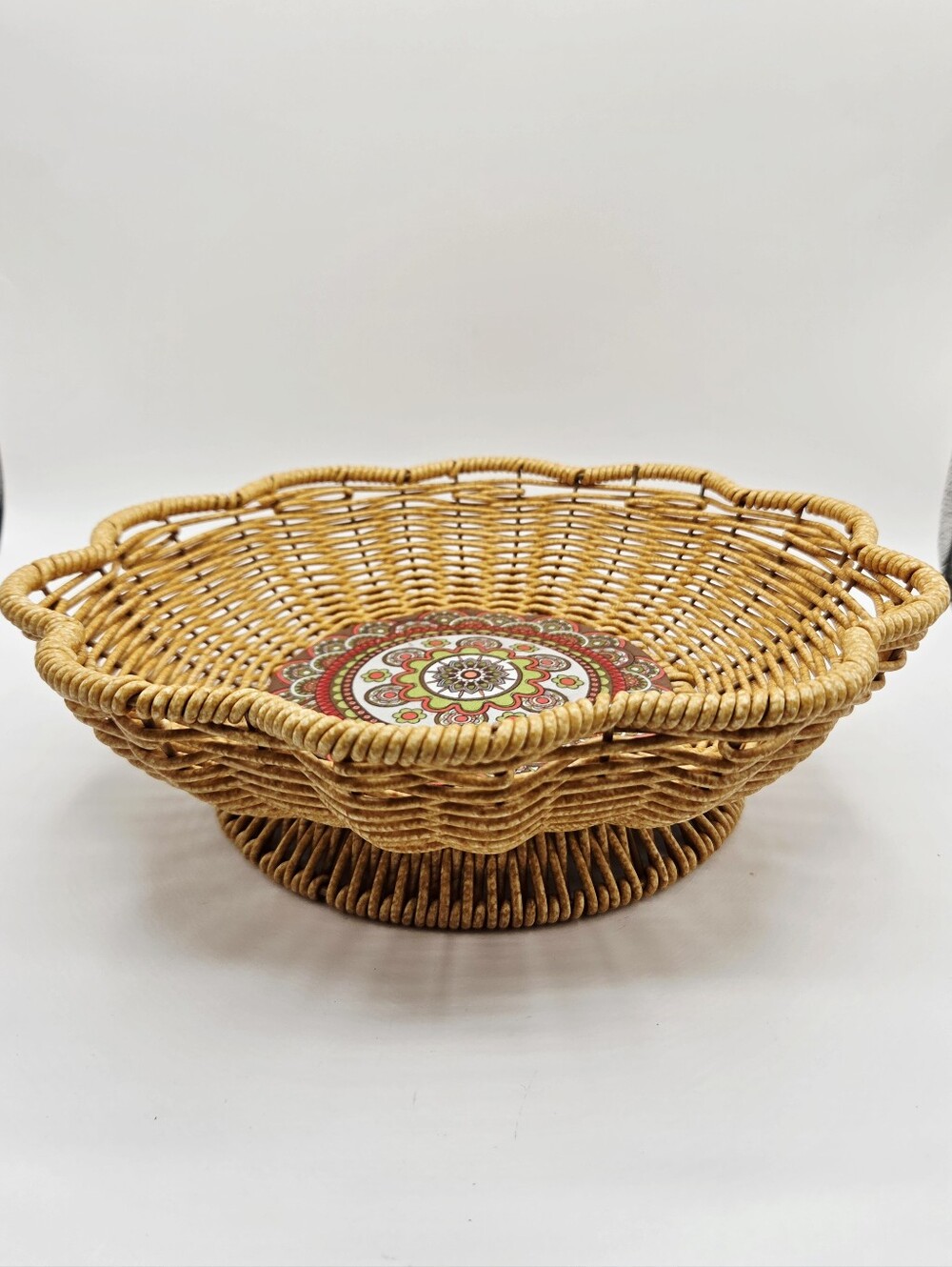 Woven Rattan Decorative Pedestal Bowl with Red & Green Medallion in the Center - Picture 2 of 5